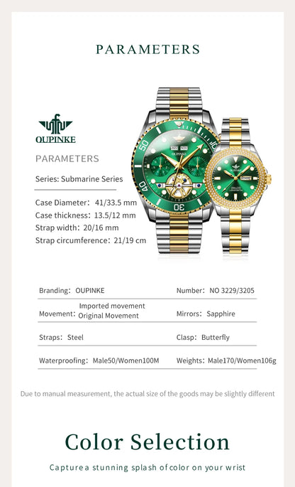 OUPINKE 3229+3205 Couple Watch Pair for Men Women Diving Series Flywheel Design Luxury Imported Movement Lover's Wedding Watches