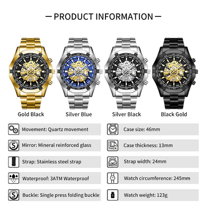 2026 Mens Quartz Watches Top Brand Luxury Stainless Steel Waterproof Hollow Out Big Male Wristwatches Relogio Masculino