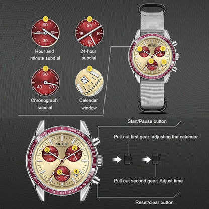 MEGIR New Luxury Men's Watches Canvas Weaving Strap Sport Automatic Chronograph Quartz Waterproof Wristwatch for Male 2247