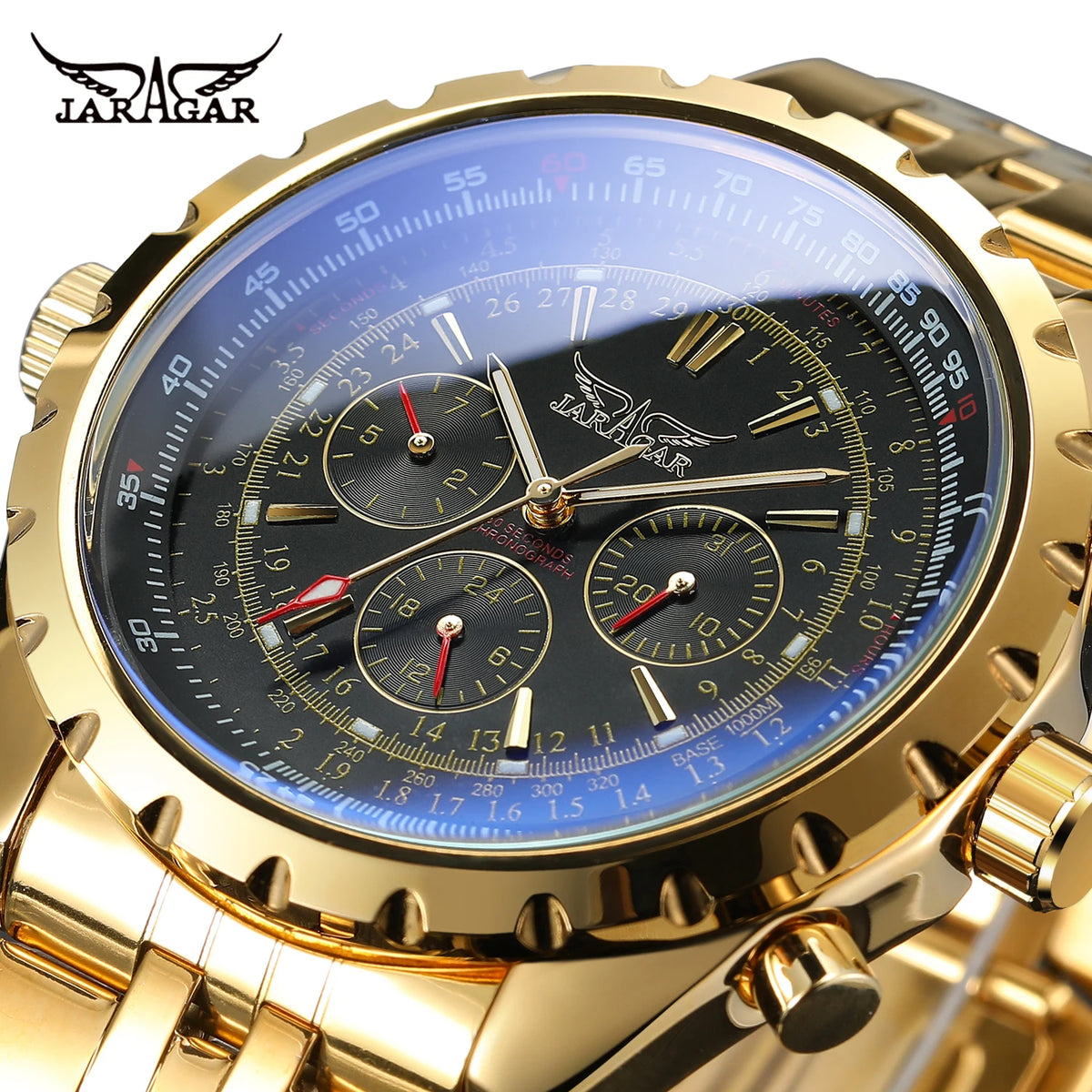 JARAGAR Original Blue Glass Big Dial Multifunctional Automatic Men's Watches Stainless Steel Vintage Mechanical Waterproof Clock