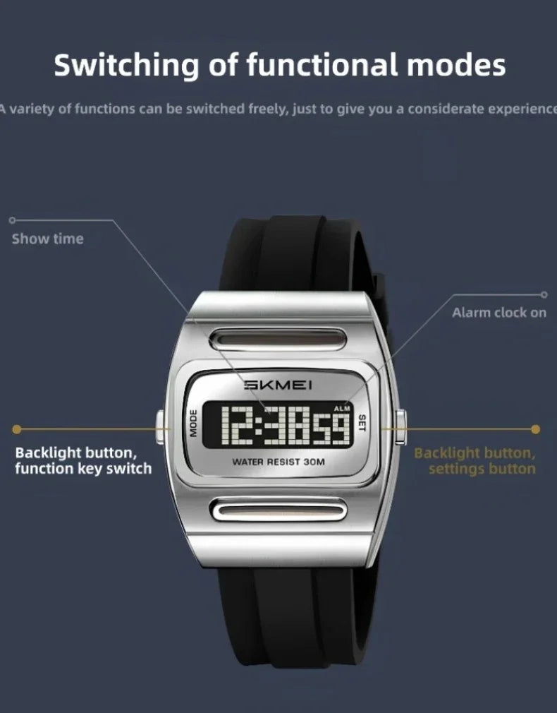 Fashion Sports Men Watches Versatile Multi-functional Timing Electronic Watch Simple Luminous Metal Square Calendar Alarm Clock