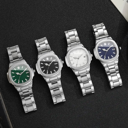 Luxury Men Business Watches Fashion Square Dial Stainless Steel Strap Quartz Watch with Calendar For Mens Clock（Without Box）