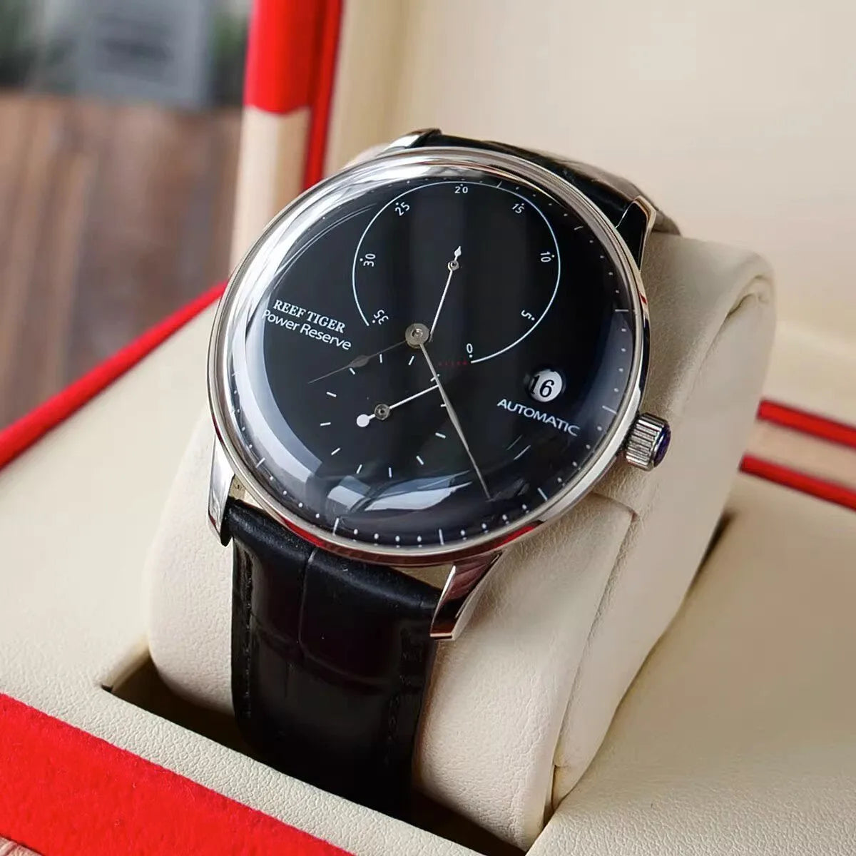 Waterproof Mechanical Watch for Men with Date and Power Reserve Display Stainless Steel Case sapphire Crystal 42mm Large Dial