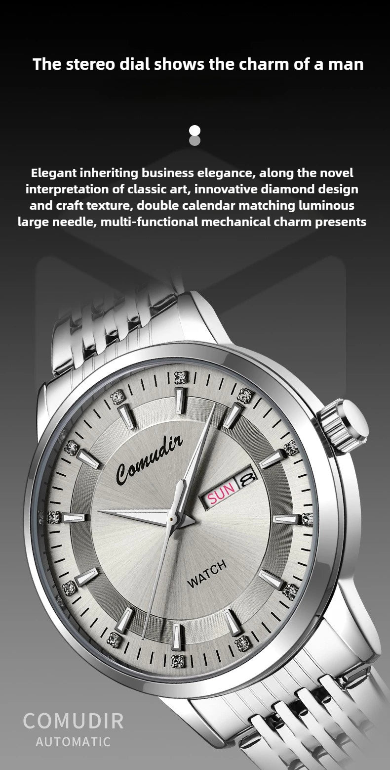 Silvery Non Mechanical Men's Watch Men's Steel Belt Hollowed Out Waterproof Tide Glow in The Dark Dual Calendar Noctilucent