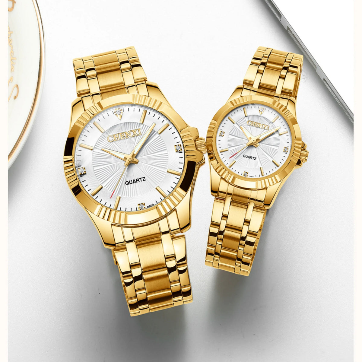 Couple Quartz Watch Men Women Band Round Wristwatch Luxury Gold Waterproof Lover Watches Ideal Gift For Wedding Anniversary
