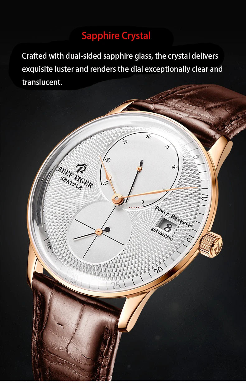 Waterproof Mechanical Watch for Men with Date and Power Reserve Display Stainless Steel Case sapphire Crystal 42mm Large Dial