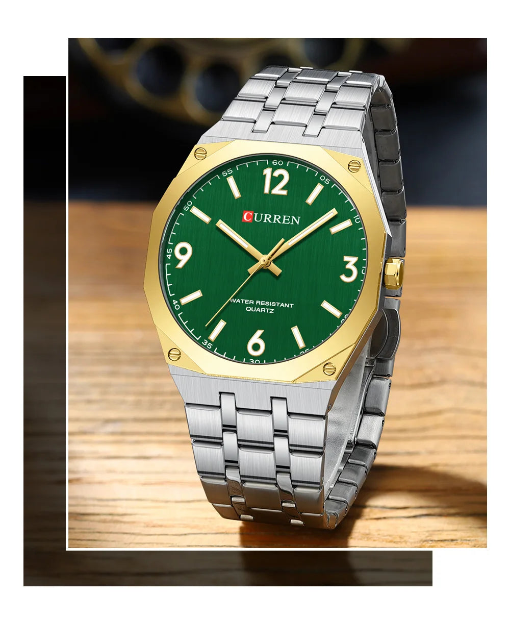 2026 Male Fashion Men Quartz Watch Stainless Steel Band Luminous Business Casual Wristwatch Octagonal Bezel Mineral Glass Dial