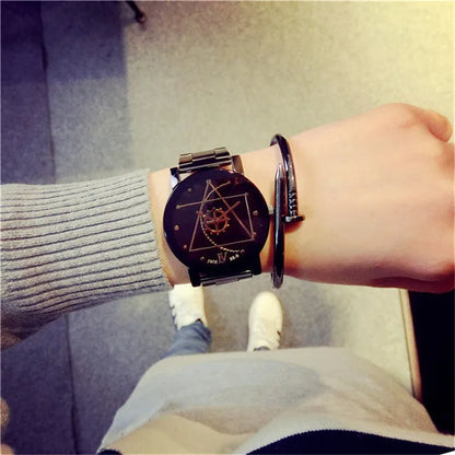 New Couple Watches Men Gear Triangle Pointer Compass Dial Second Hand Watch Women Stainless Steel Watches Relogio Feminino Clock