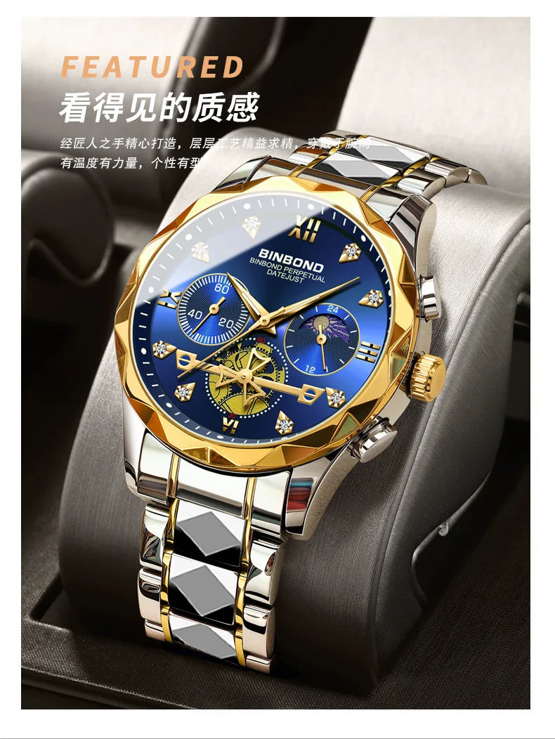 Multi Functional Quartz Watch, Versatile and Trendy Watch, Six Needle Timing, Casual and Trendy Men's Tungsten Steel Color