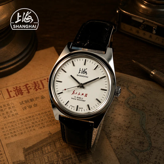 Shanghai Vintage Mechanical Watch for Men 19 Jewels Shock Resistant Hand-Wind Dress Watch with Black Leather Strap