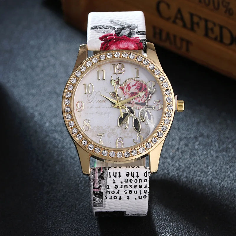 Fashion Ladies Watches Women Printed Flower Watch Luxury Casual Quartz Leather Wrist Watch Fashion Female Dress Clocks Relogio