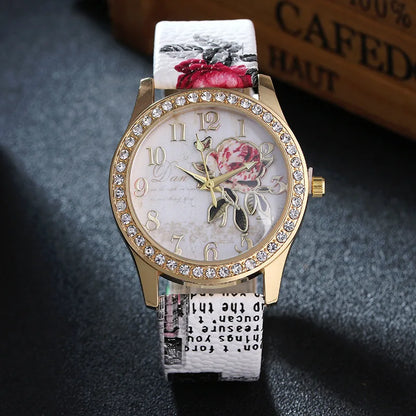 Fashion Ladies Watches Women Printed Flower Watch Luxury Casual Quartz Leather Wrist Watch Fashion Female Dress Clocks Relogio