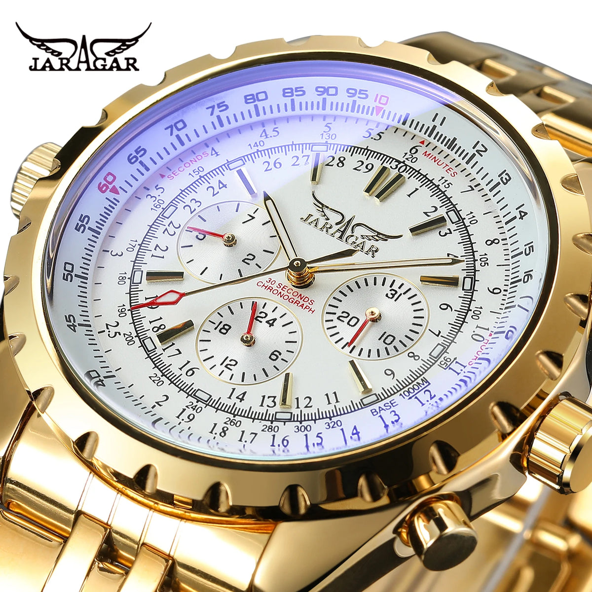 JARAGAR Original Blue Glass Big Dial Multifunctional Automatic Men's Watches Stainless Steel Vintage Mechanical Waterproof Clock
