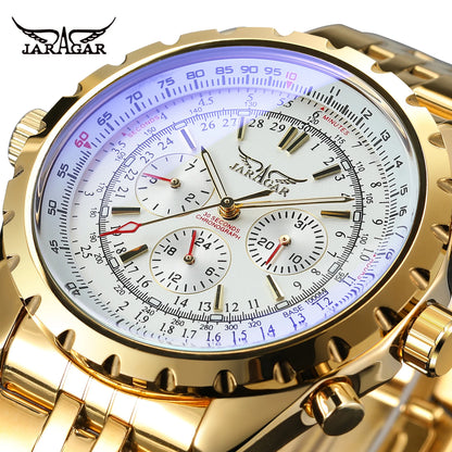 JARAGAR Original Blue Glass Big Dial Multifunctional Automatic Men's Watches Stainless Steel Vintage Mechanical Waterproof Clock