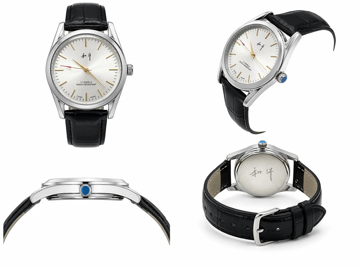 Shanghai Peace Vintage Mechanical Watch for Men 17 Jewels Hand Wind Shock Resistant Black Leather Strap Dress Wristwatch