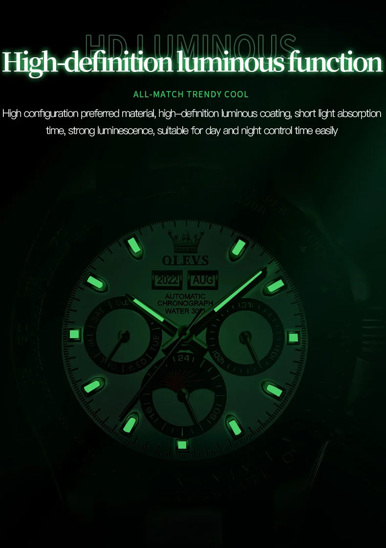 OLEVS 6654 Top Brand Men's Watches Classic Fashion Automatic Mechanical Watch for Man Complete Calendar Moon Phase Waterproof