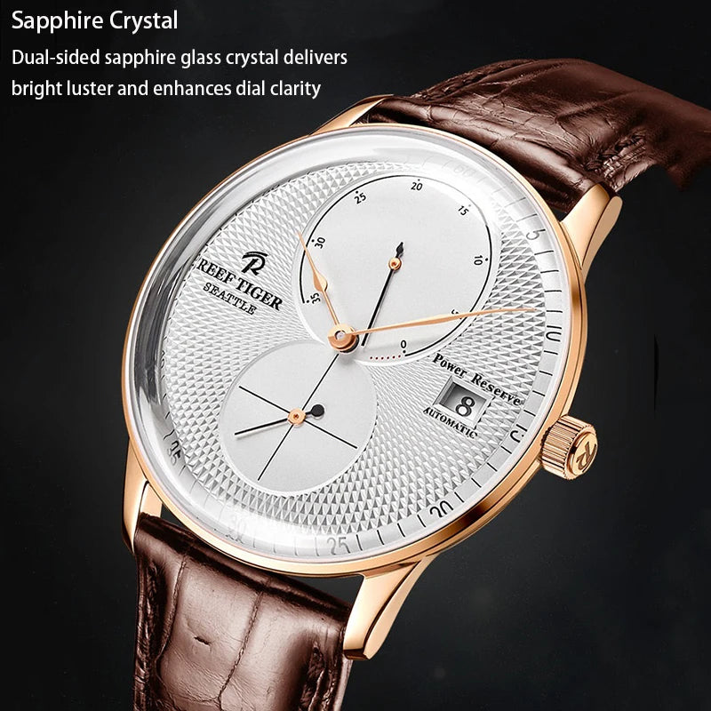 Waterproof Mechanical Watch for Men with Date and Power Reserve Display Stainless Steel Case sapphire Crystal 42mm Large Dial
