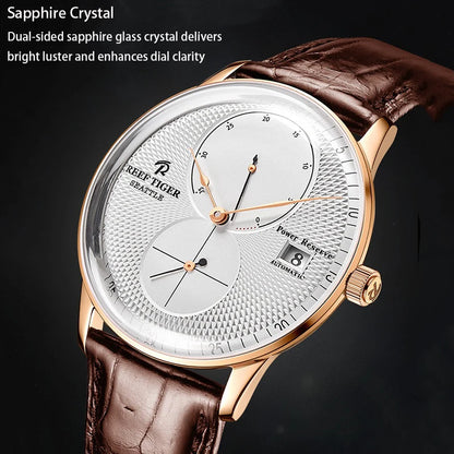 Waterproof Mechanical Watch for Men with Date and Power Reserve Display Stainless Steel Case sapphire Crystal 42mm Large Dial