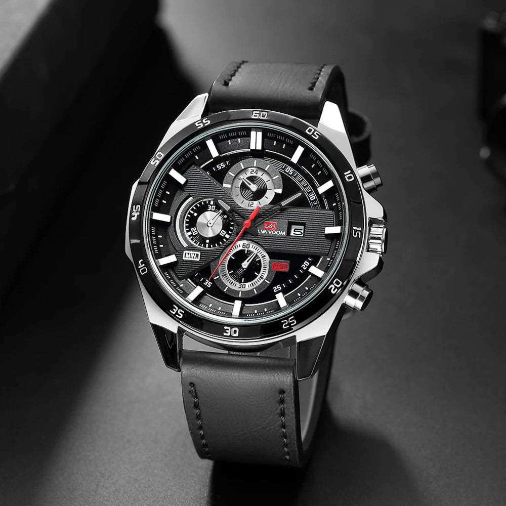 Men Sports Watch 46mm Black Leather Racing Series Everyday Wear  Fashion Original Rose Gold Dial Quartz Watches Relogio Masculin