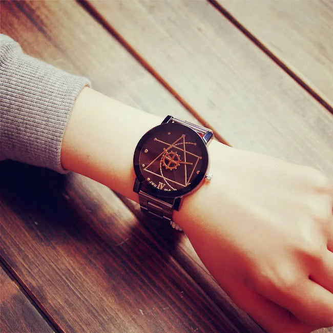 New Couple Watches Men Gear Triangle Pointer Compass Dial Second Hand Watch Women Stainless Steel Watches Relogio Feminino Clock