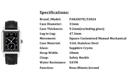 FARASUTE 2026 New Retro Wristwatches Men Casual Manual Square Customized Mechanical Movement Watch Male Sapphire Glass Reloj