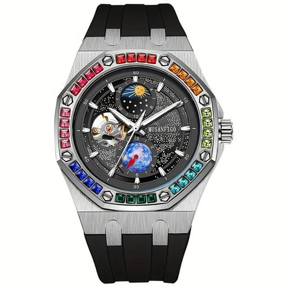 Men's Automatic Watch, Waterproof Watch, Rhinestone, Super Luminous Sun, Moon and Stars, Dial, Skeleton, Men's Gift Watch