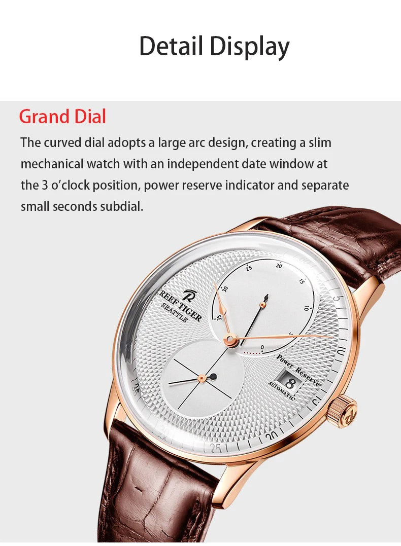 Waterproof Mechanical Watch for Men with Date and Power Reserve Display Stainless Steel Case sapphire Crystal 42mm Large Dial