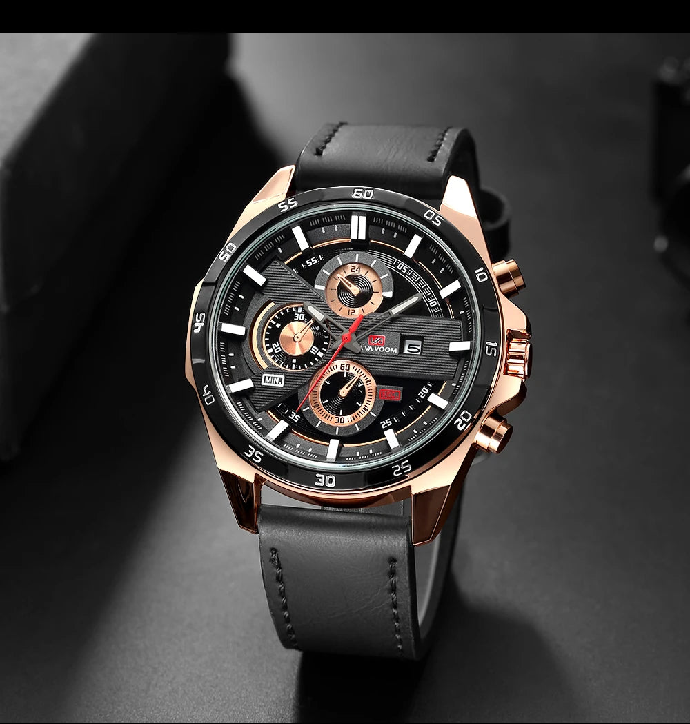 Men Sports Watch 46mm Black Leather Racing Series Everyday Wear  Fashion Original Rose Gold Dial Quartz Watches Relogio Masculin