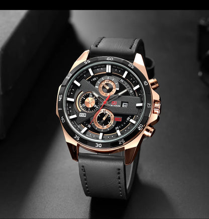 Men Sports Watch 46mm Black Leather Racing Series Everyday Wear  Fashion Original Rose Gold Dial Quartz Watches Relogio Masculin