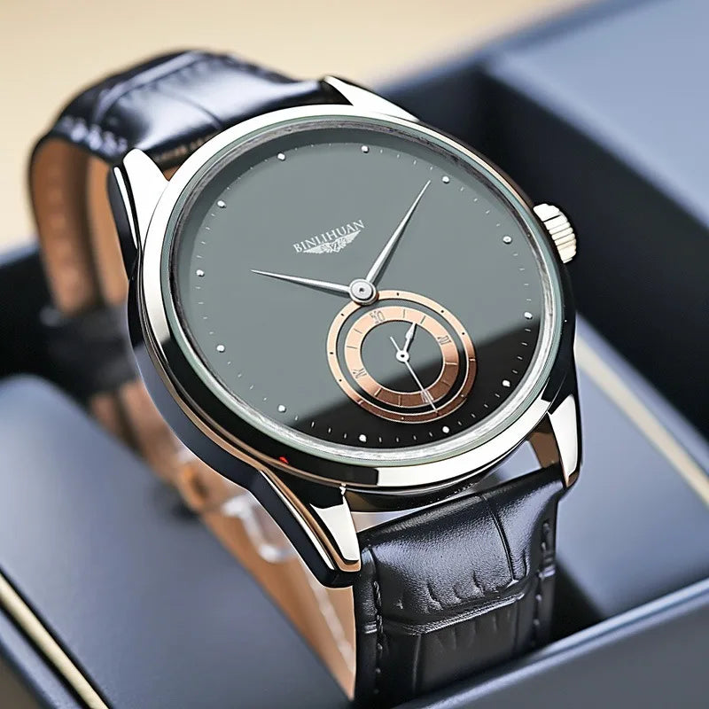 Fashion Men Business Black Leather Quartz Analog Watches Daily Valentine's Gift Graduation Gift For School