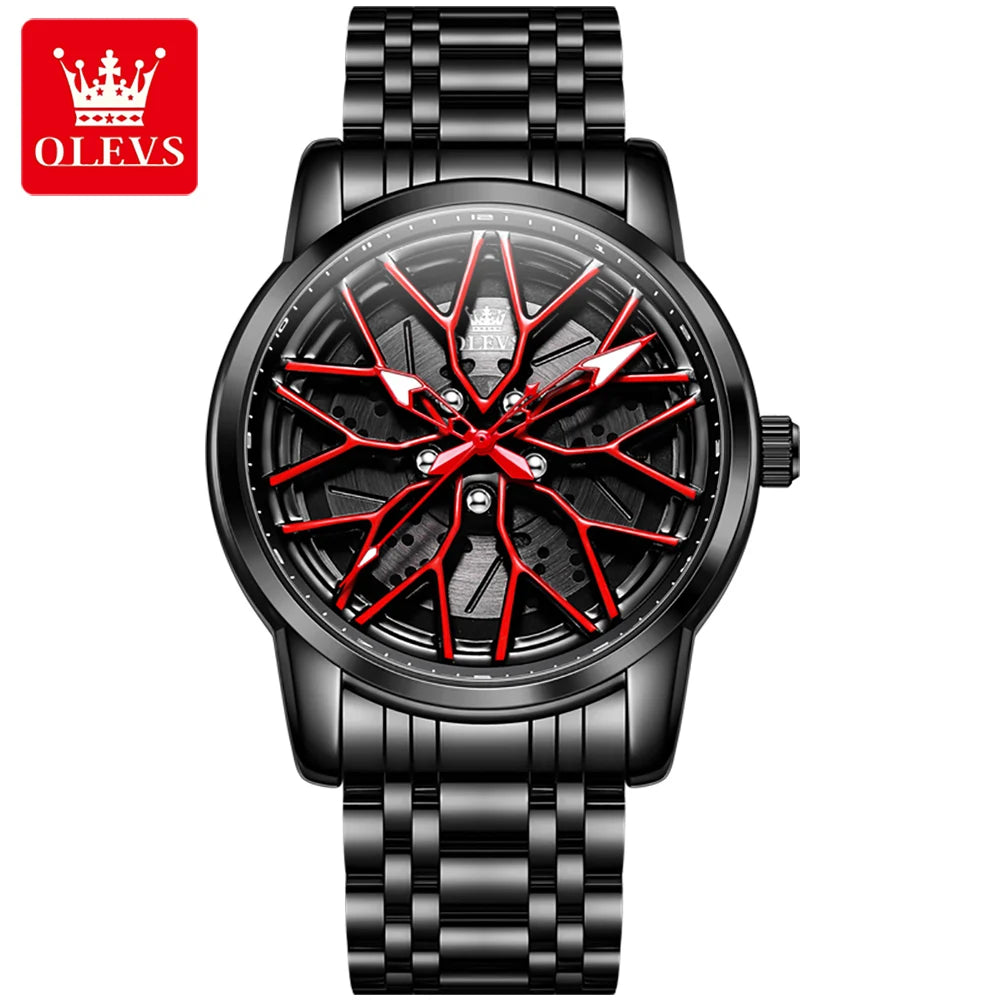 OLEVS Fashion Watch for Men Sport Car Rim Wheel Hub 360° Rotary Dial Quartz Watches Waterproof Stainless Steel Men's Wristwatch