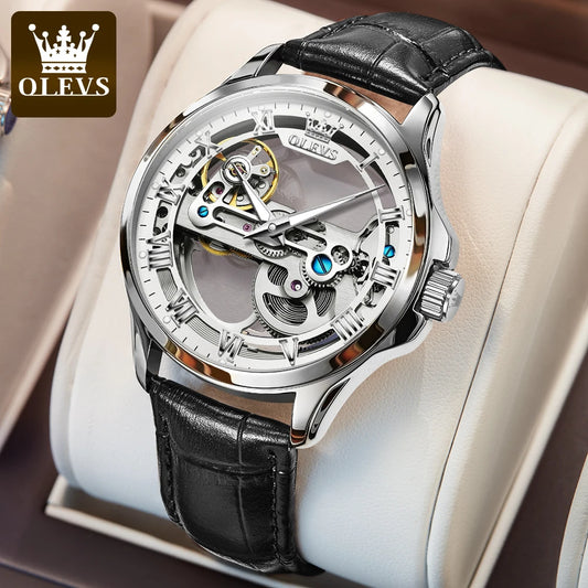 OLEVS 6661 Automatic Watches Transparent Hollow Leather Strap Waterproof Luminous Mechanical Wristwatch for Man Luxury Man Watch