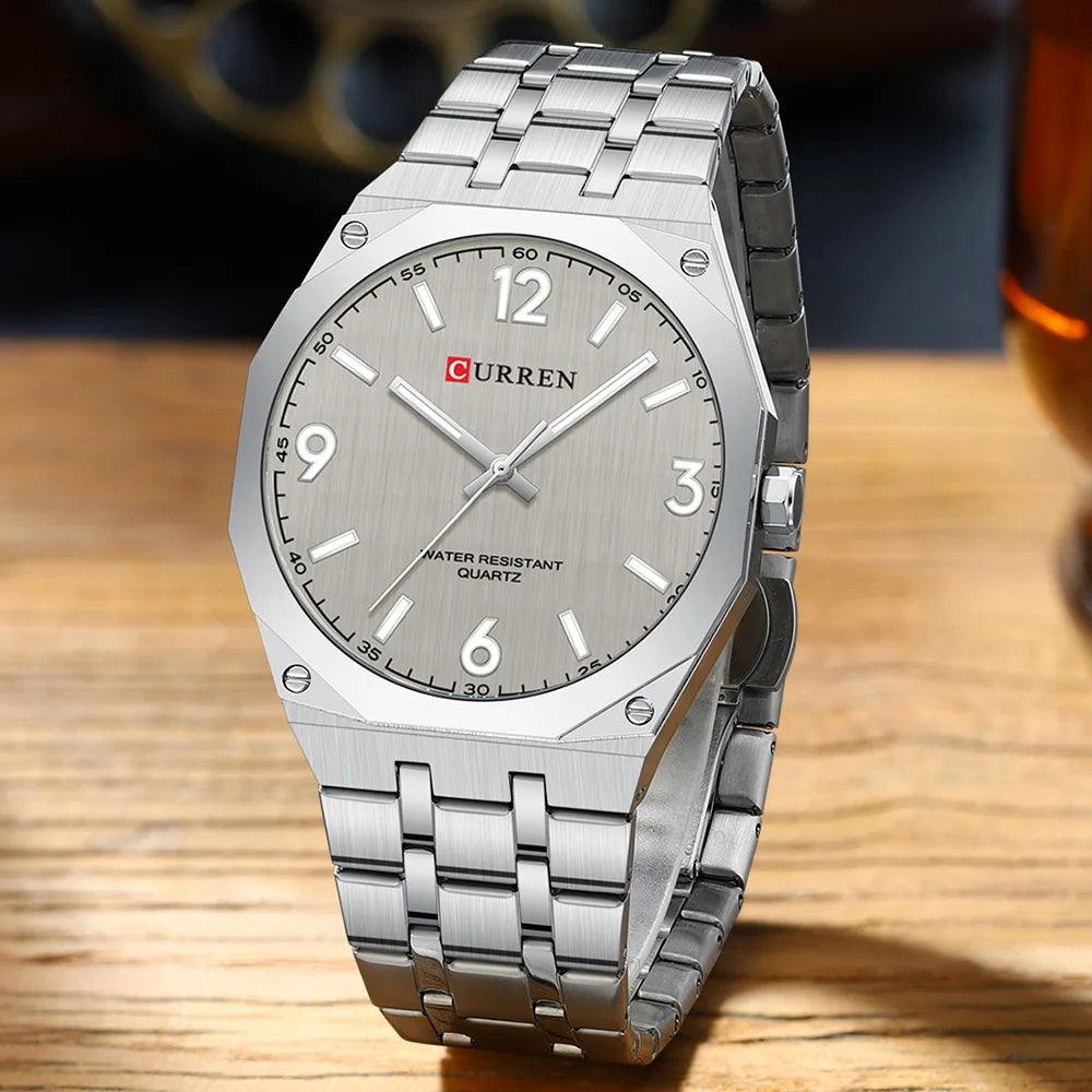 2026 Male Fashion Men Quartz Watch Stainless Steel Band Luminous Business Casual Wristwatch Octagonal Bezel Mineral Glass Dial