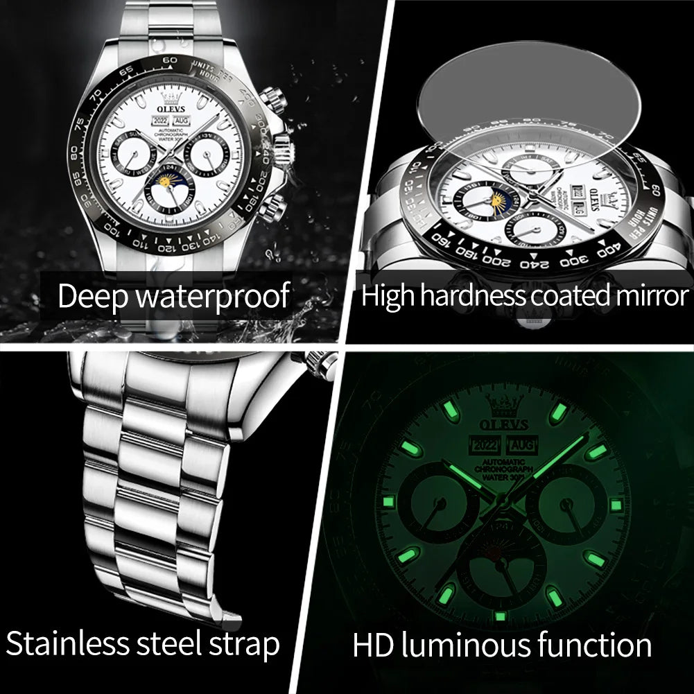 OLEVS 6654 Top Brand Men's Watches Classic Fashion Automatic Mechanical Watch for Man Complete Calendar Moon Phase Waterproof