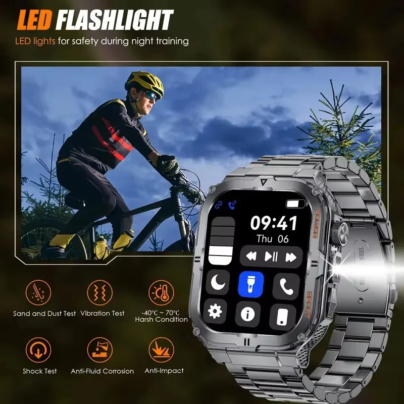 2026 New Men's Smart Watch LED Flashlight IP68 waterproof Outdoor Sports Watch Health Monitoring Fitness tracker for IOS Android