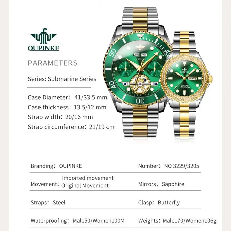 OUPINKE 3229+3205 Couple Watch Pair for Men Women Diving Series Flywheel Design Luxury Imported Movement Lover's Wedding Watches