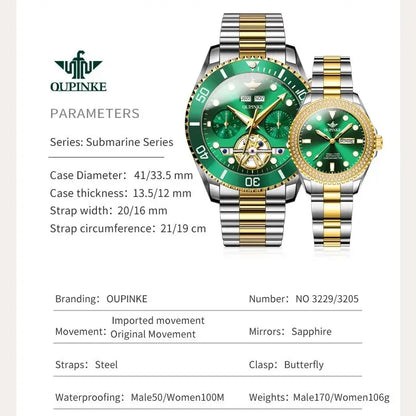 OUPINKE 3229+3205 Couple Watch Pair for Men Women Diving Series Flywheel Design Luxury Imported Movement Lover's Wedding Watches