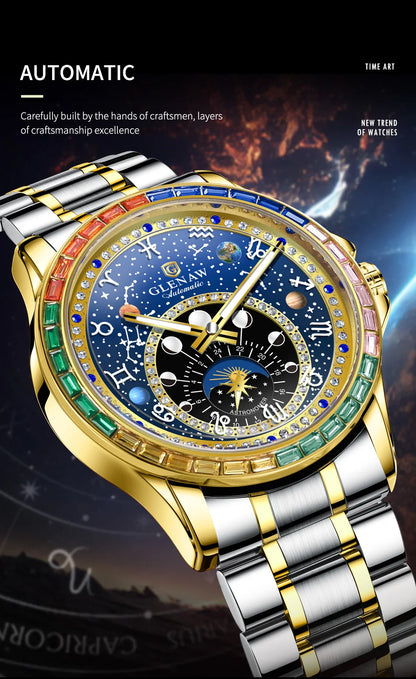 2026 GLENAW New Design Rainbow Circle Mechanical Watch Men Constellation Dial Night Light Waterproof Top Luxury Mechanical Watch