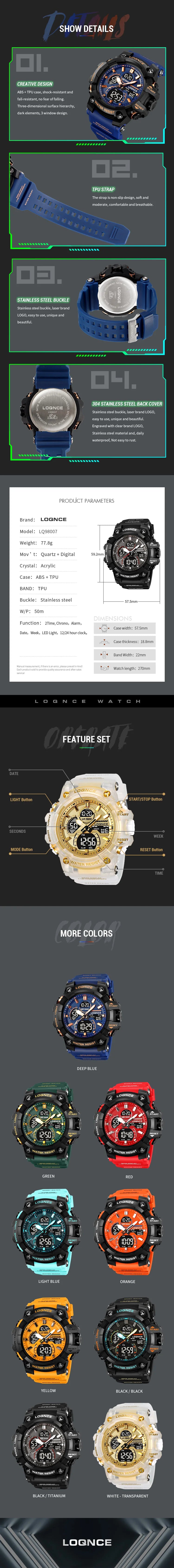 Fashion LOQNCE 98007 Men's Watch 5ATM Waterproof Watches for Men High Quality Dual Movement Multifunctional Electronics Watch