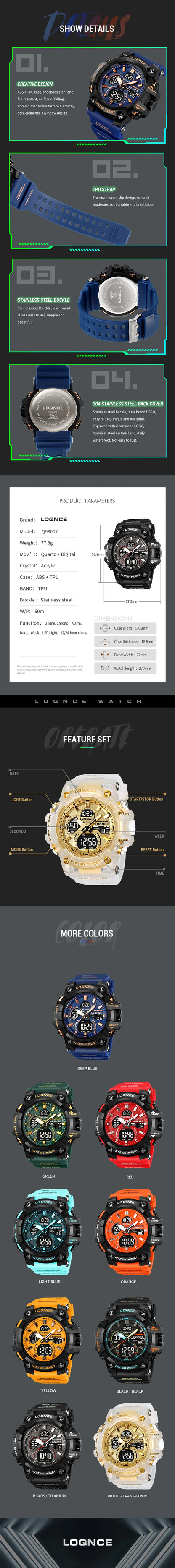 Fashion LOQNCE 98007 Men's Watch 5ATM Waterproof Watches for Men High Quality Dual Movement Multifunctional Electronics Watch