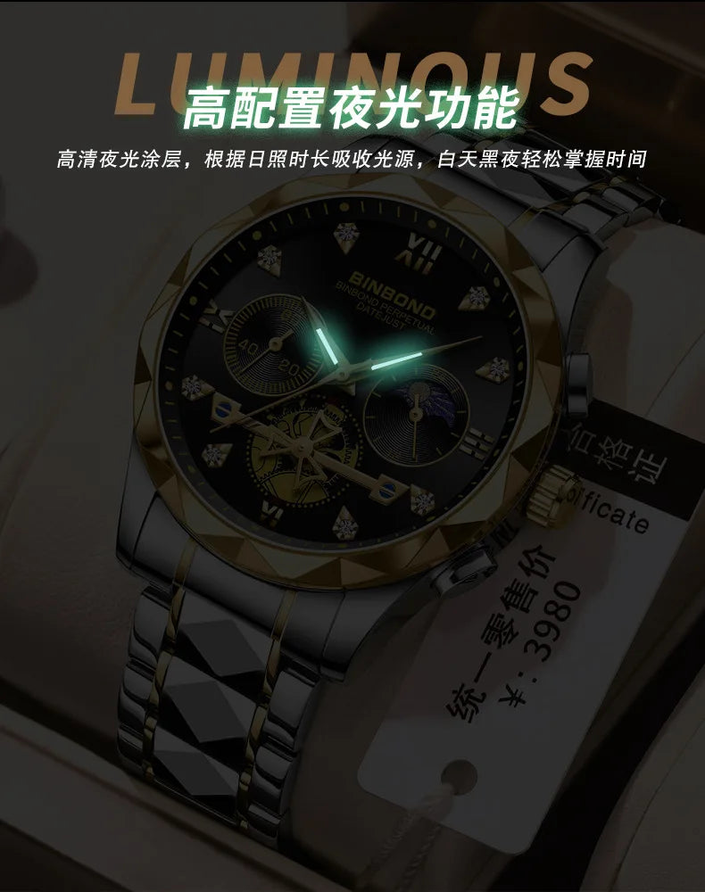 Multi Functional Quartz Watch, Versatile and Trendy Watch, Six Needle Timing, Casual and Trendy Men's Tungsten Steel Color