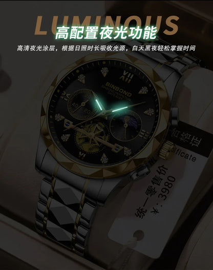 Multi Functional Quartz Watch, Versatile and Trendy Watch, Six Needle Timing, Casual and Trendy Men's Tungsten Steel Color