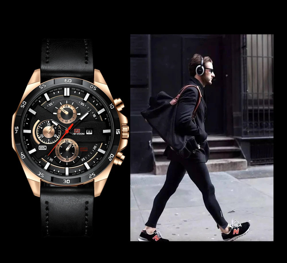 Men Sports Watch 46mm Black Leather Racing Series Everyday Wear  Fashion Original Rose Gold Dial Quartz Watches Relogio Masculin