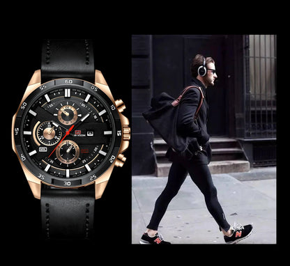 Men Sports Watch 46mm Black Leather Racing Series Everyday Wear  Fashion Original Rose Gold Dial Quartz Watches Relogio Masculin