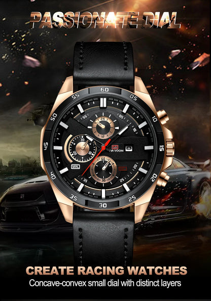 Men Sports Watch 46mm Black Leather Racing Series Everyday Wear  Fashion Original Rose Gold Dial Quartz Watches Relogio Masculin