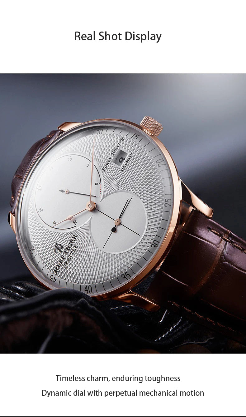 Waterproof Mechanical Watch for Men with Date and Power Reserve Display Stainless Steel Case sapphire Crystal 42mm Large Dial