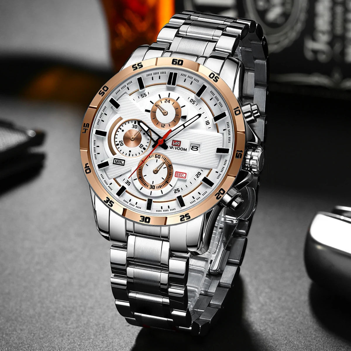Men Sports Watch 46mm Black Leather Racing Series Everyday Wear  Fashion Original Rose Gold Dial Quartz Watches Relogio Masculin
