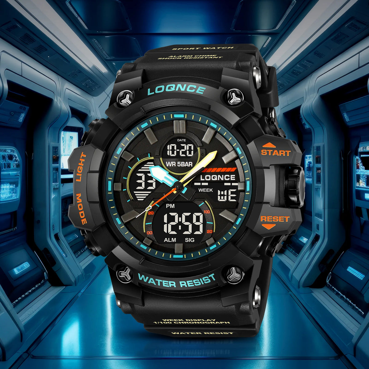 Fashion LOQNCE 98007 Men's Watch 5ATM Waterproof Watches for Men High Quality Dual Movement Multifunctional Electronics Watch