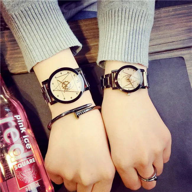 New Couple Watches Men Gear Triangle Pointer Compass Dial Second Hand Watch Women Stainless Steel Watches Relogio Feminino Clock
