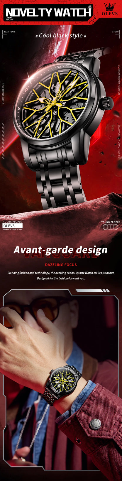 OLEVS Fashion Watch for Men Sport Car Rim Wheel Hub 360° Rotary Dial Quartz Watches Waterproof Stainless Steel Men's Wristwatch